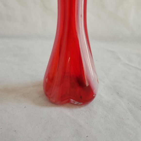 Vintage Swung Art Glass Red Vase w/ White Stripes - Picture 5 of 13